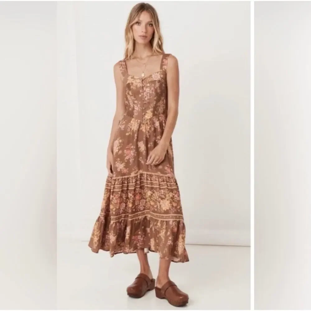 Spell meadowland linen brown midi sundress xxs - Picture 2 of 9